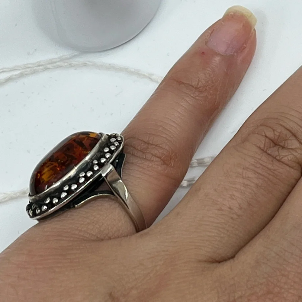 Vintage 925 Poland Baltic Amber Sterling Silver Ring, Size 5.5 - Picture 15 of 16
